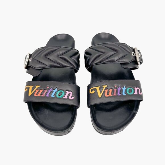 Louis Vuitton New Wave Bom Dia Slide Sandal Size 38 US 8 Black Rainbow Logo Mule - Picture 3 of 15